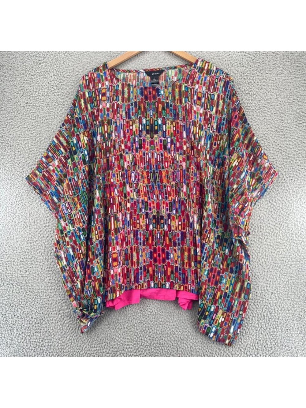 Ali Miles Top Womens 2X Pink Multi Geometric Chiffon Dolman Cap Sleeves Lined